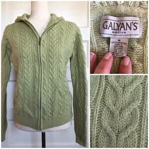 VTG 90s Y2K Galyan's Cable Knit Hooded Sweater 100% Lambswool Green M Bella Swan